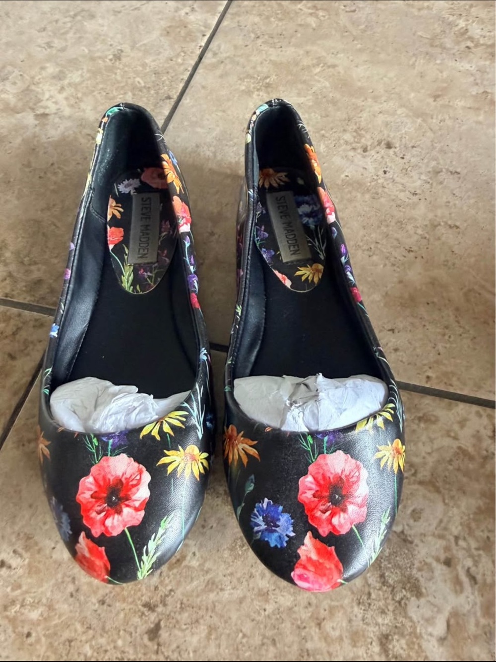 Steve Madden Black Floral Ballet Flats with Red & Yellow Accents
